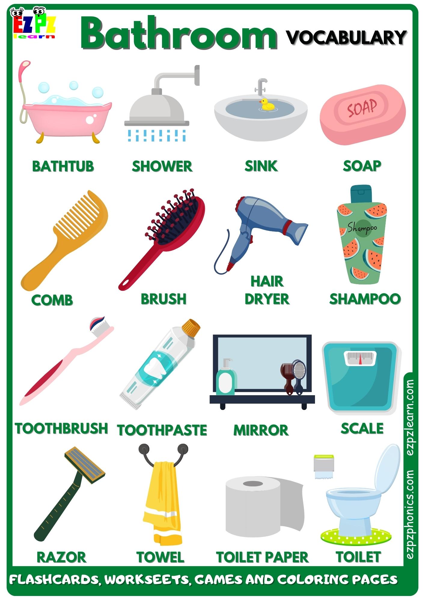 Bathroom Vocabulary Free English ESL Resources Flashcards, Worksheets, Coloring Pages, Games and More